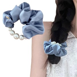 Pearl Chain Satin Scrunchie, Blue, Hair Elastic, Optional, Gentle on Hair, High Elasticity, Stylish, Adult, Women, Hair Accessories, Mother's Day Gift