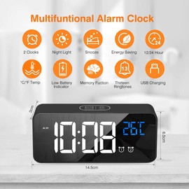 tronisky Digitaler Wecker, LED Digital Wecker Spiegel Tischuhr USB Wiederaufladbar Reisewecker mit 2 Alarmen/Snooze/Temperatur Anzeige/Sprachsteuerung Funktion, 4 Helligkeit, Schwarz