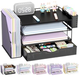 gianotter Wood Desk Organizers and Accessories with File Holder, 4-Tier Desk Accessories & Workspace Organizers with Drawer and Pen Holder, Paper Organizer for Office Supplies (Black)