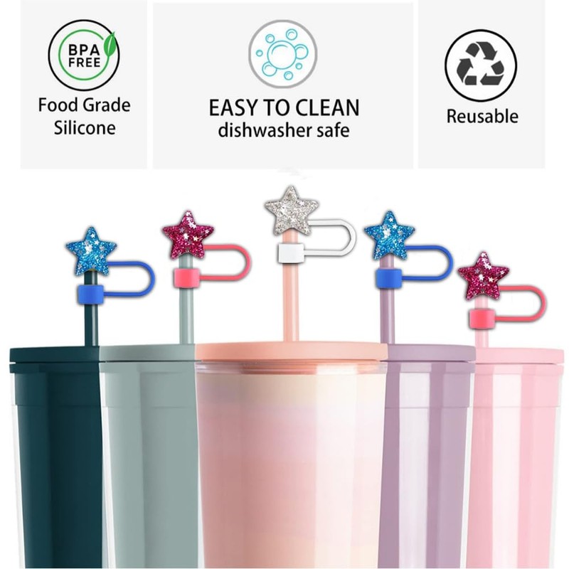 6 Pcs Star Straw Cover Caps White Blue Red Star