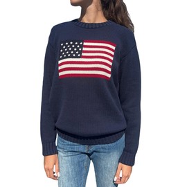 Luckinbaby American Flag Sweater for Women Striped Star Sweaters USA Sweatshirt Patriotic Knitted Loose Pullover Top(Crewneck Blue,S)