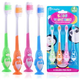 Kids Toothbrush Suction Cup, Toddler Toothbrush Soft Bristles, Child Toothbrush Suction Cups For Easy Access, Toddler Toothbrushes Handles Perfect For Tiny Hands of Boys and Girls (4 Pack - Penguin)