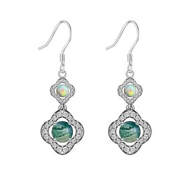 Natural Moss Agate Earrings for Women - 925 Sterling Silver Dainty Four Leaf Clover White Opal and Green Moss Agate Drop Dangle Earrings Birthday Christmas Jewelry Gifts for Women