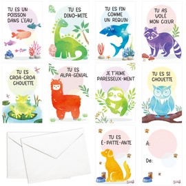 DPKOW Mini French Valentines Cards for Kids Classroom (9 Style, 12x8cm), 27pcs Dinosaur Llama Frog Sloth Raccoon Fish Owl Shark Dog Cards Animal Valentines Postcards Valentines Gifts, with Envelopes