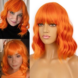 LANCAINI Wavy Wig With Bangs Women's Short Orange Wigs Curly Wavy Bob Synthetic Cosplay Wig for Girls Daily Use Halloween Wigs(12" Orange)