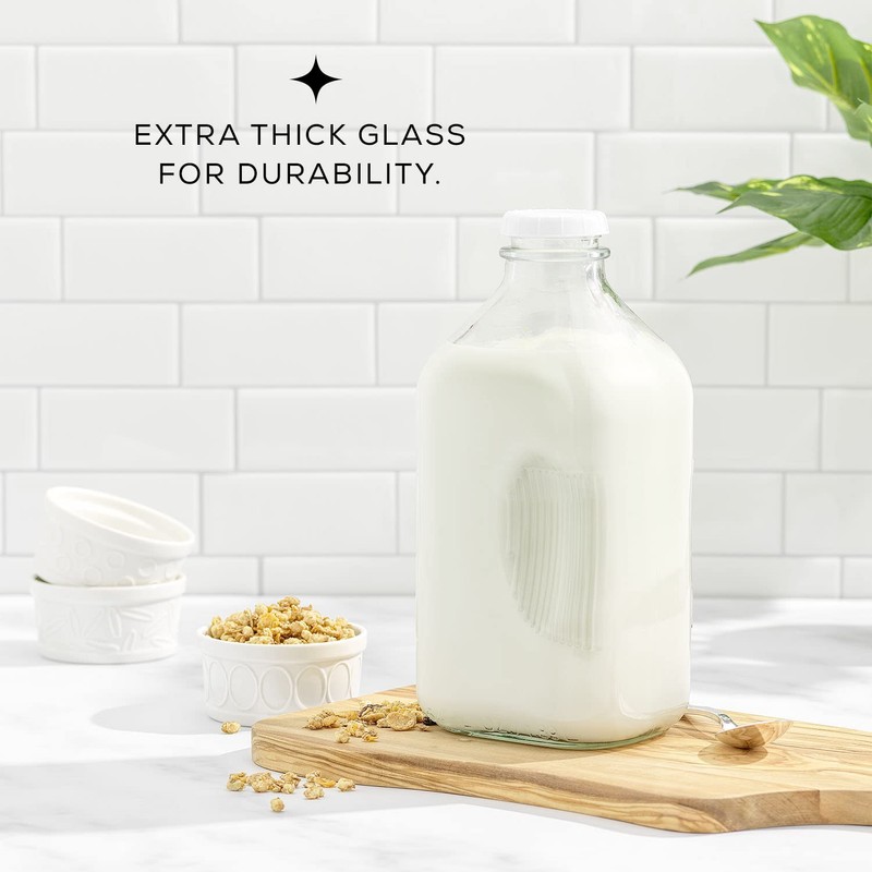 JoyJolt Glass Milk Bottles with Lids and Pourer – 64