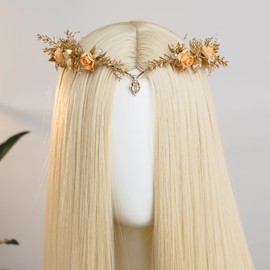 MOSTORY Gold Fairy Flower Crown for Women, Floral Elf Crown Forest Leaf Headpiece for Renaissance Party Cosplay Photo Shoot