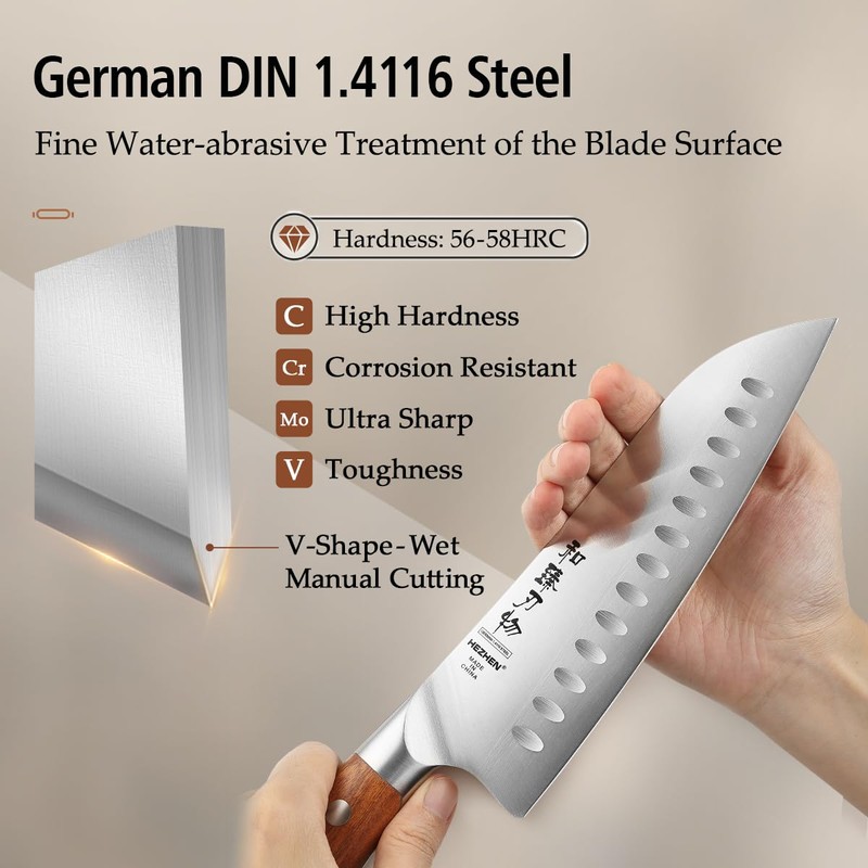 HEZHEN Santoku Chef Knife-7.3 inch Blade German DIN 1.4116 Stainless