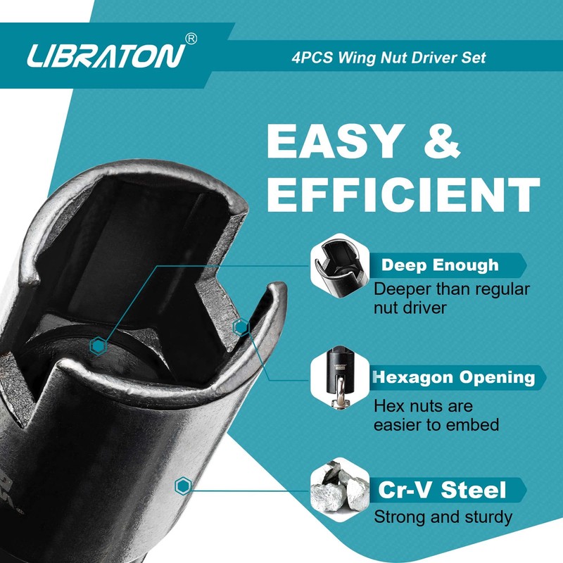 Libraton Wing Nut Driver 4PCS, Wing Nut Driver Bit, 1/4”