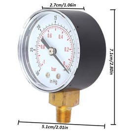 Fafeicy Vacuum Gauge, -1-0Bar -30-0inHg, 50mm 1/8 BSPT Mounting Thread, Air Water Oil or Natural Gas 2.8" x 2" x 1.0"