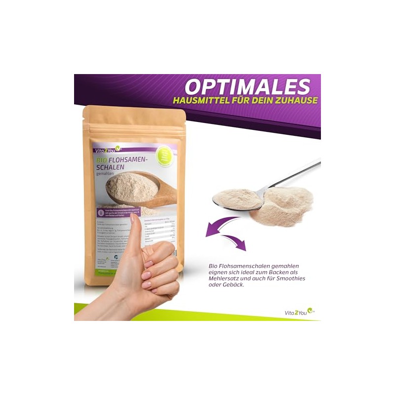 Vita2You Organic Psyllium Husks Ground 99% Purity - 1 kg