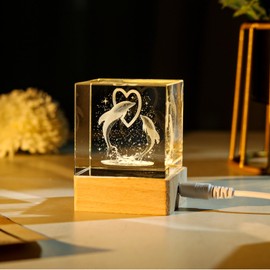 LONGWIN 3D Crystal Dolphin Gifts, Glass Laser Engraved Crystal Gifts Dolphin Figurines Led Night Light 50mm Cube Gifts for Women Wife Girlfriend Birthday Valentines Day Mothers Day Christmas
