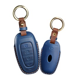 ontto Car Key Fob Cover Keyring fit for Hyundai Santa Fe Tucson 2022 Nexo NX4 Atos Solaris Prime 2021 Smart Key Case Shell Leather Key Holder Bag Keyring Keychain Accessories 4 Buttons Blue