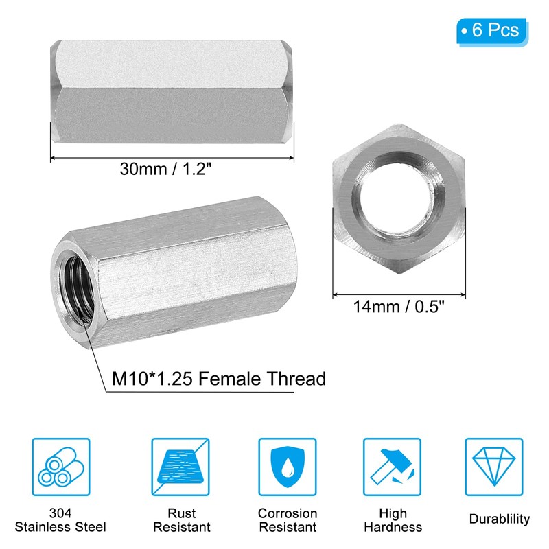 PATIKIL M10 x 1.25 Pitch 304 Stainless Steel Hex Coupling