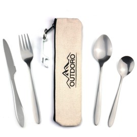 Outdoro camping cutlery and travel utensils, made of stainless steel with a neoprene pouch, ideal cutlery set for outdoor and travel, beige