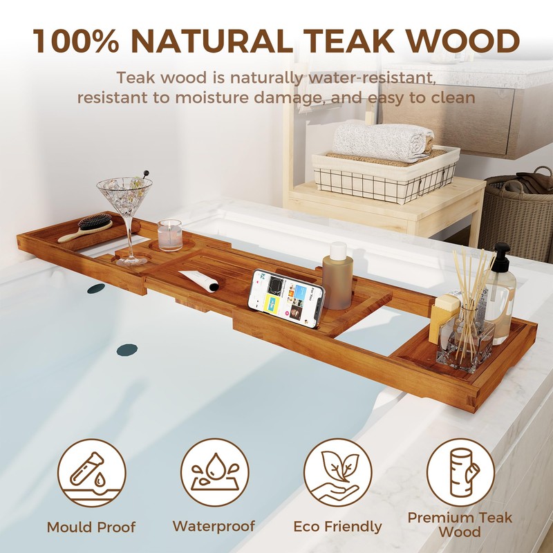 Teak Bathtub Tray - Luxury Bath Tray with Expandable Handles,