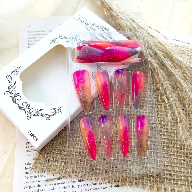 24Pcs Colorful Press on Nails Long Almond Acrylic False Nails
