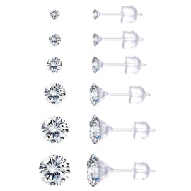 Sanfenly 6Pairs Clear Plastic Post Stud Earrings for Women Plastic Earrings for Sensitive Ears Cubic Zirconia Stud Earrings Set 3mm-8mm