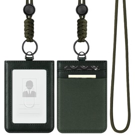 VULKIT ID Badge Holder with Lanyard for Women and Men Vertical Leather Badge Holder with Clear ID Window Card Holder Slot and Money Pocket