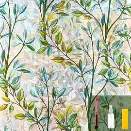 Window Privacy Film - Elegant Leaves Stain Glass Window Film for Glass Enhanced Home Privacy - Non-Adhesive Reusable Decorative for Room Leaf Rainbow (17.5x78.7 in)