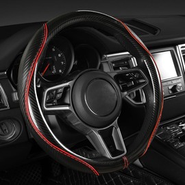 Carbon Fiber Steering Wheel Cover, Universal 15 inch Breathable Microfiber Leather Steering Wheel Covers for Men and Women, Anti Slip Car Interior Accessories, Black