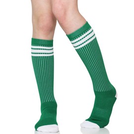 juDanzy Tall Knee High Sport Socks with Stripes and Anti-Slip Grips for Kids Toddlers and Children (6-10 Green/White)