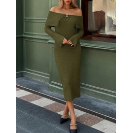 Saodimallsu Womens Off The Shoulder Maxi Sweater Dress Long Sleeve Bodycon Elegant Ribbed Knit Fall Midi Dresses Army Green