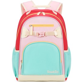 Sawkig Cute Kids Backpack for Teen Girls Water Resistant Elementary School Bag Lightweight Bookbag（Aqua Pink Red