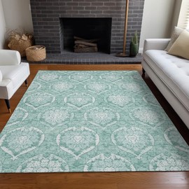 3'x5' - Traditional Shabby Chic Style Damask Imprints Boho Area Rug | Oriental Medallion Graphic Floral Pattern Indoor Outdoor Carpet | UV Stabilize Non-Slip Plush Pile - Turquoise Blue Color Glam