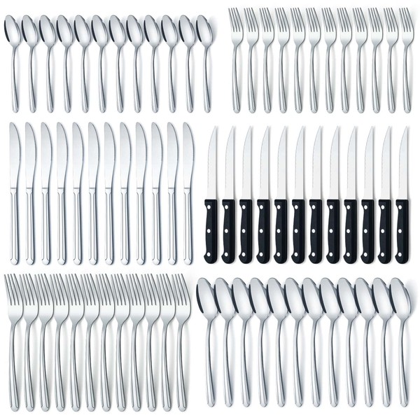 BEWOS 72 Pieces Silverware Set for 12, Cutlery Set with Steak Knives, Stainless Steel Flatware Set, Mirror Polished Flatware, Knives, Forks and Spoons Silverware, Dishwasher Safe Kitchen Utensils Set