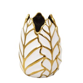 Sagebrook Home Glam Decorative Ceramic Leaf Bud Vase for Room and Office Decor, White and Gold, 6 L x 6 W x 8 H Inches