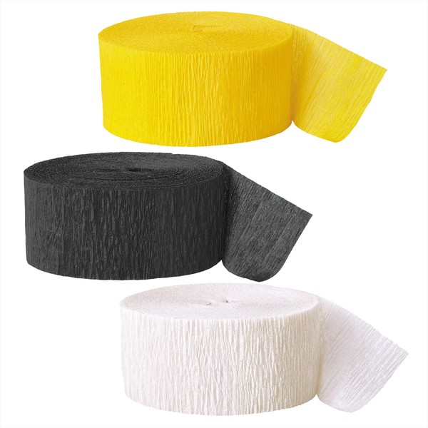 Bee Party Yellow, Black, and White Paper Crepe Streamer Decorations 81 Ft Each (Set of 3)