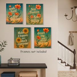 Aychlithic Retro Inspirational Wall Poster Set - Vintage Flora Motivational Office Wall Decor, Positive Affirmations Wall Decor Poster Prints for Office Dorm 8x10 Inch, Set of 4, Unframed