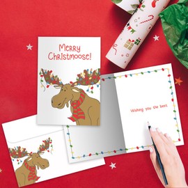Tree-Free Greetings - Season's Greeting Cards - Artful Designs - 10 Cards + Matching Envelopes - Made in USA - 100% Recycled Paper - 5 x 7 - Merry Christmoose (HB30409)
