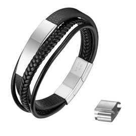 JewelryWe Jewellery Men's Leather Bracelet with Engraving - Handmade, Braided, Multi-Row Stainless Steel Bracelet with Magnetic Closure - Adjustable Cuff Bangle, Stainless Steel, Silver without engraving
