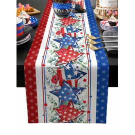 4th of July Table Runner Star American Flag Patriotic Independence Day Table Runners Eucalyptus Leaves Memorial Table Decor Seasonal Kitchen Dining Table Decoration Holiday Party Decor 13x72 Inch