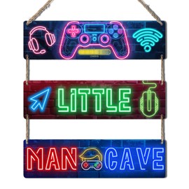 Little Man Cave Sign for Kids, Neon Design Wooden Plaque 11.8x3.2 Inches Each, Fun Rustic Decor for Boys’ Room, Playroom or Kids Room Wall Decor.(007)
