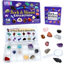 DANCING BEAR 18 Pc Rock and Mineral Educational Collection & Deluxe Collection Box with Description Sheet and Educational Information. Limited Edition, Geology Gem Kit for Kids with Display Case