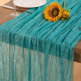 DeZerlor Teal Green Cheesecloth Table Runner Spring Boho Sheer Cheese Cloth Table Runner Gauze 120 Inches Long Blue-Green Easter Table Decorations for Wedding Bridal Baby Shower Tea Party Decor