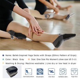 Hually Yoga Socks for Women with Grips (2 Pair), Pilates Braces Socks,Cotton Yoga Socks for Women Non-Slip,for Dance,Pilates,Barre,Ballet,Barefoot Workout,Fitness-Sweat Absorption,Black & Grey (3-8)