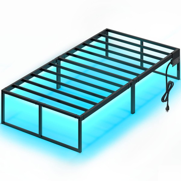Rolanstar Bed Frame with USB Charging Station, Twin Bed Frame with LED Lights, Platform Bed Frame with Heavy Duty Steel Slats, 14" Storage Space Beneath Bed