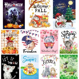 CDLong Welcome Cat Seasonal Garden Flags Set of 11 Double Sided 12 x 18 Inch Yard Flag,small garden flags for outside, Christmas Spring Seasonal Flag for Outdoor Holiday Decorations