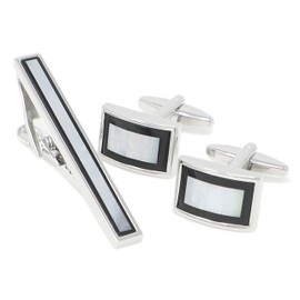 MENDEPOT Cufflinks And Tie Clip Set Men Wedding Accessory Gift Father's Day Birthday Cuff Links Tie Bar (Mother Pearl And Onyx)