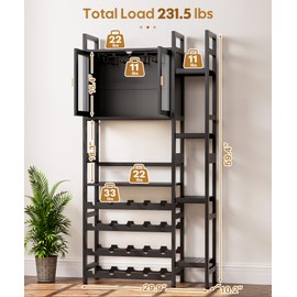 Cozivolife Wine Rack Freestanding Floor,Liquor Bottles Display Organizer with Doors Glass Holder,4 Tiers for Alcohol Accessories Storage and Side 4-Layer Shelves (Black)