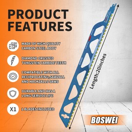 20 Inch Masonry Reciprocating Saw Blade, 36 TPI Teeth Tipped Cutting Reciprocating Saw Blade, Concrete Blades for Cutting Red Brick, Light Brick, Aerated Concrete, Porous Concrete, Cinder Block