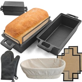 Voulosimi 2-In-1 Cast Iron Loaf Oven Pan - 9"x5" Durable Loaf Pans Rectangular Baking Pan with Banneton Bread Proofing Basket set for home baking, 2 Piece Set -1.4 QT×2 Pcs (Bread Pan 4 Kit)