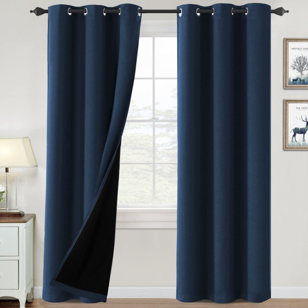 H.VERSAILTEX 100% Blackout Curtains for Bedroom Thermal Insulated Blackout Curtains 84 inch Length Heat and Full Light Blocking Curtains for Living Room with Black Liner 2 Panels Set, Navy