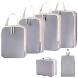 Stylish and Cool Travel Compression Bags, Set of 6 (Grey), Shoe Bag + Amenity Bag + Basic 4-Piece Set, Compact Bag, Travel Storage Bag, Compression Bag, Suitcase Organizer Bag