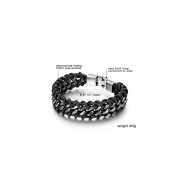 Men's Black Braided Leather & Silver Stainless Steel Cuban Chain Bracelet – Stylish Bangle