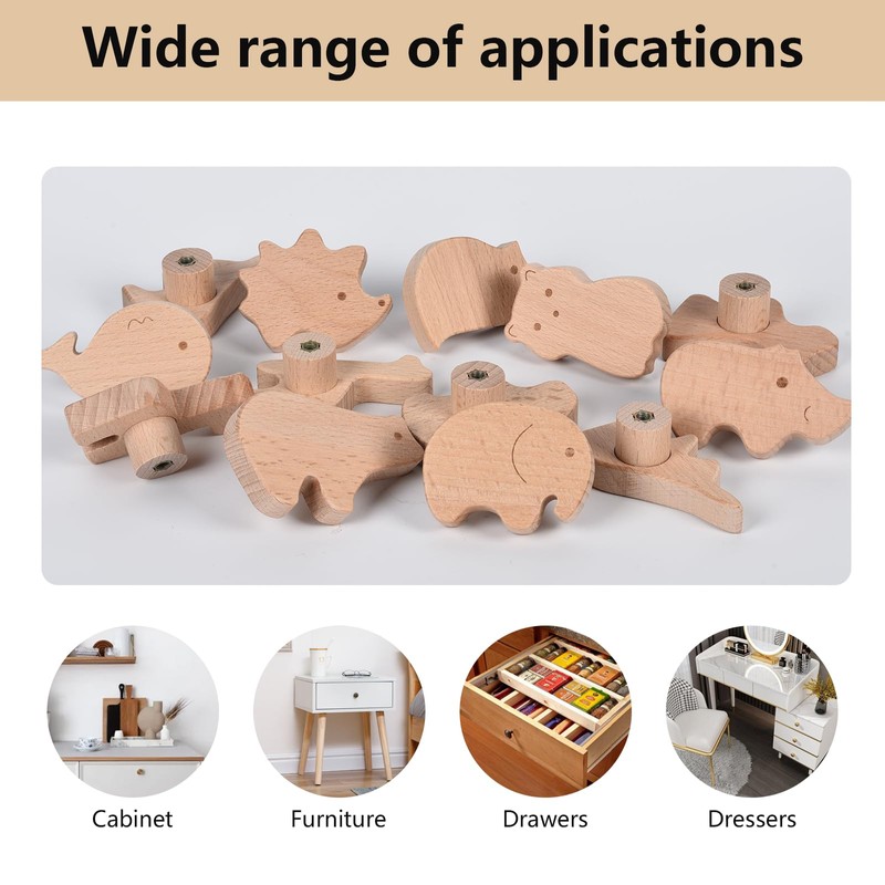 Funnytek Pack of 6 Animal Wooden Drawer Handles, Animal Shape